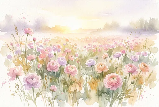 Pastel Watercolor Ranunculus Meadow Illustration