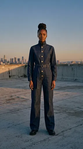 Woman in Denim Jumpsuit on Rooftop