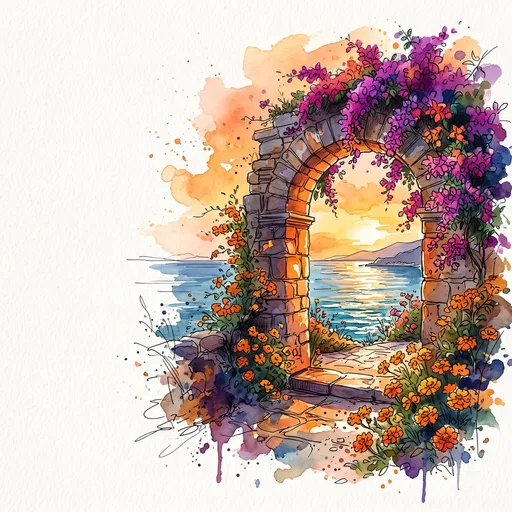 Watercolor Coastal Archway with Vibrant Flowers