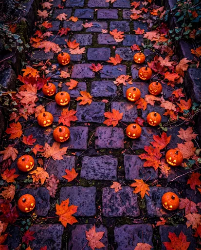 Glowing Mini Pumpkins on Cobblestone Path