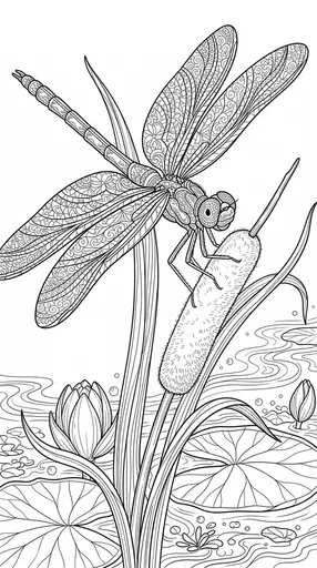 Intricate Dragonfly on Cattail Coloring Page