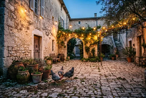 Rustic Mediterranean Courtyard With Hens at Dusk