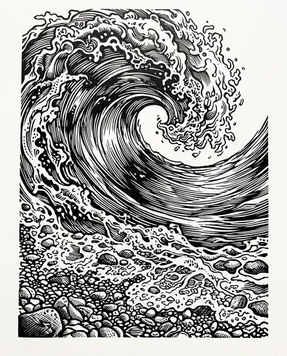 Woodcut Style Ocean Wave on Pebble Beach