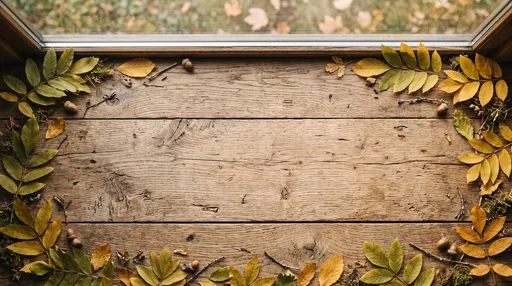 Autumn Leaves Framing Wooden Window Sill