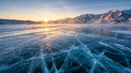 Golden Sunrise Over Cracked Frozen Lake