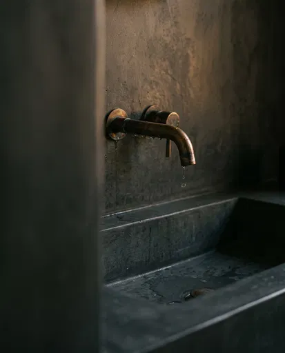 Aged Bronze Faucet Over Concrete Basin