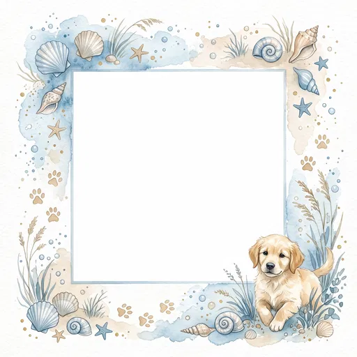 Coastal Watercolor Frame With Puppy