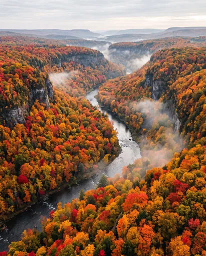 Aerial View of Autumn River Canyon