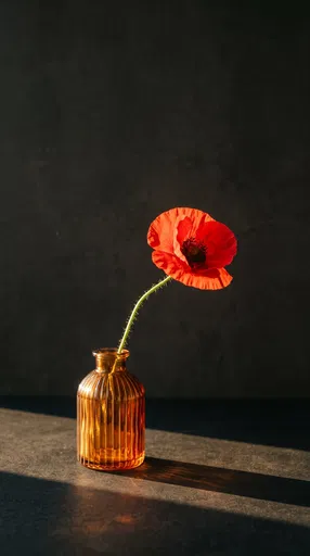 Red Poppy in Amber Glass Vase