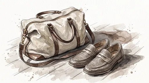 Watercolor Illustration of Loafers and Weekender Bag