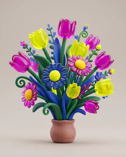 3D Glass and Clay Flower Bouquet