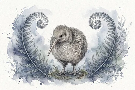 Watercolor Kiwi Bird Framed by Silver Ferns