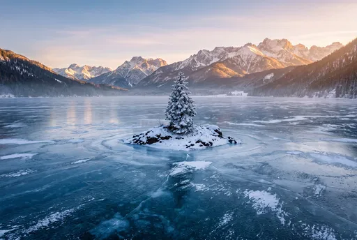 Lone Spruce on Frozen Alpine Lake