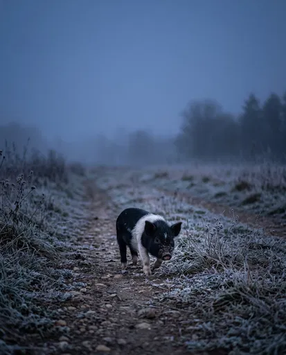 Hampshire Piglet on Frosty Twilight Path