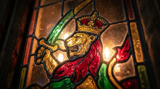 Stained Glass Crowned Heraldic Lion Window