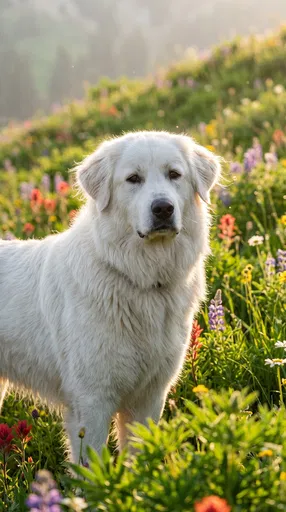 White Akbash Dog in Wildflower Meadow