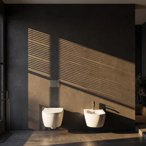 Modern Dark Bathroom With Golden Hour Shadows