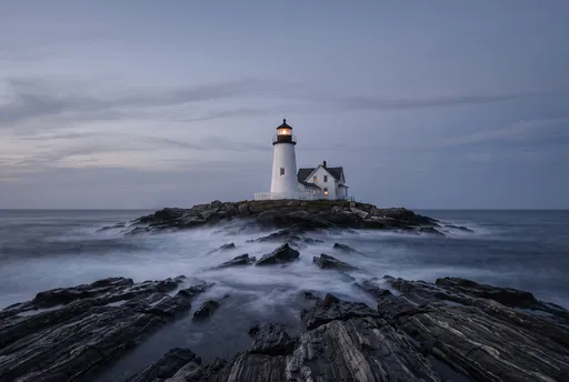 Lighthouse on Rocky Coast at Blue Hour