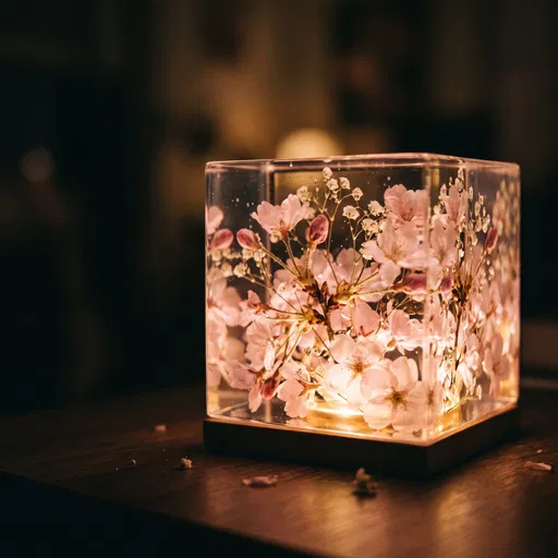 Glowing Resin Cube with Cherry Blossoms