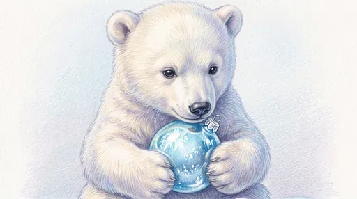 Polar Bear Cub Holding Blue Ornament