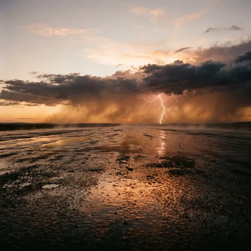Lightning Storm Over Wet Reflective Asphalt
