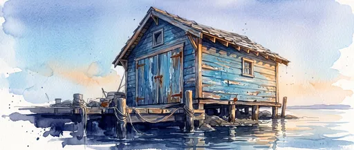 Watercolor Illustration of Blue Coastal Boathouse