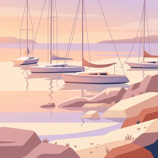 Pastel Illustration of Moored Sailboats at Sunset
