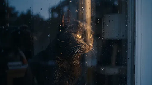 Black Cat Behind Rainy Window at Dusk