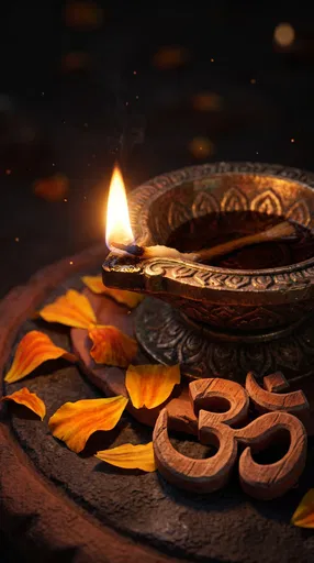 Lit Brass Diya Lamp and Wooden Om