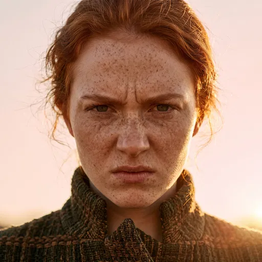 Close-Up Portrait of Scowling Redheaded Woman