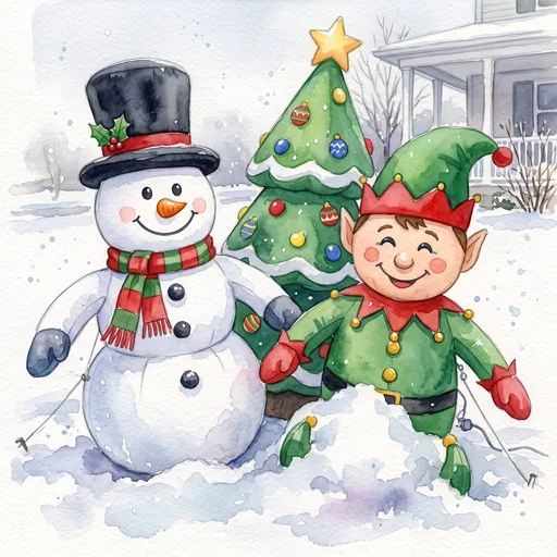 Watercolor Christmas Yard Inflatables in Snow