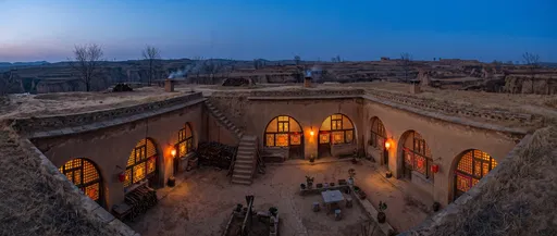Sunken Yaodong Courtyard at Blue Hour