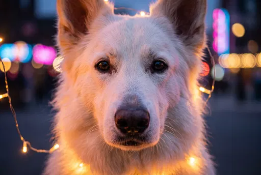 White Shepherd Portrait with Glowing String Lights