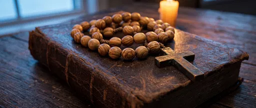 Wooden Rosary and Bronze Cross on Book