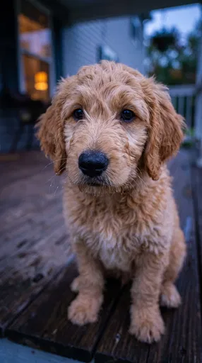 Golden Labradoodle Puppy on Porch at Dusk