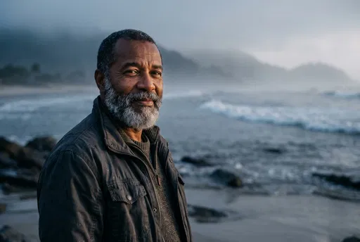 Bearded Man Standing by Misty Ocean Shore