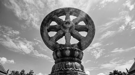 Monochrome Stone Dharma Wheel Pillar