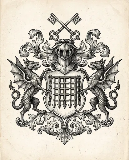 Heraldic Crest With Dragons and Portcullis