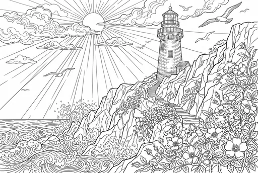 Coastal Lighthouse and Wild Roses Coloring Page