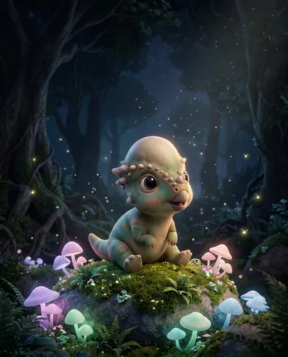 Cute Baby Dinosaur in Magical Forest