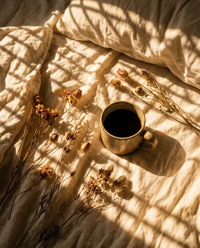 Coffee Mug and Dried Flowers on Bed