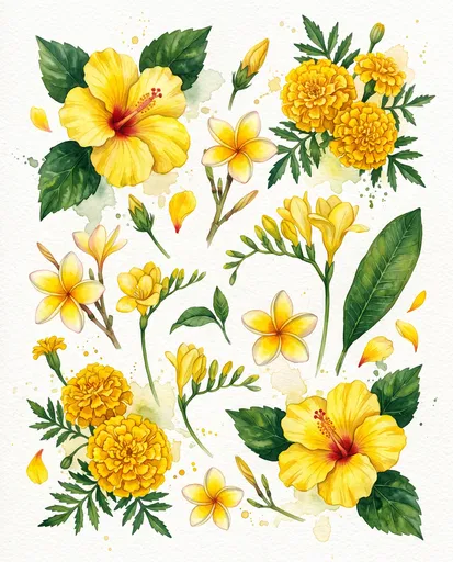 Watercolor Illustration of Assorted Yellow Flowers