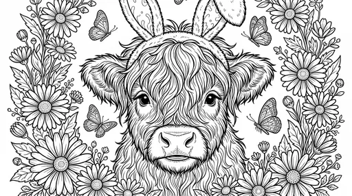 Highland Calf in Bunny Ears Coloring Page