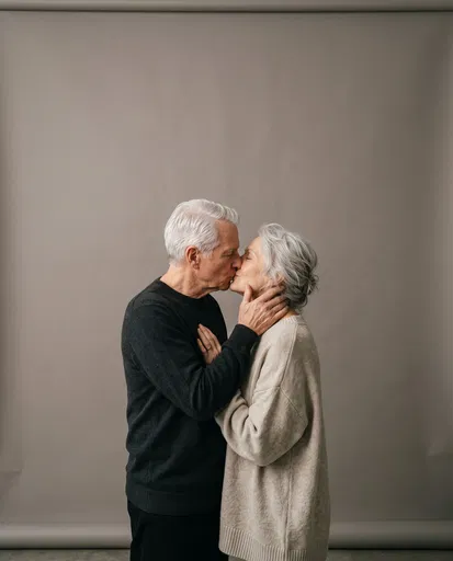 Senior Couple Kissing in Studio Portrait