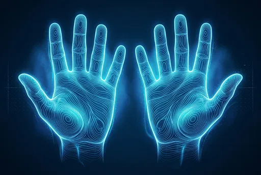 Glowing Cyan Topographic Wireframe Hands