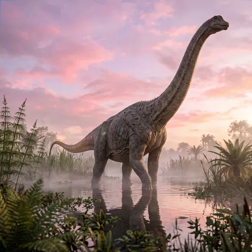 Sauropod Dinosaur in Misty Sunset Marsh