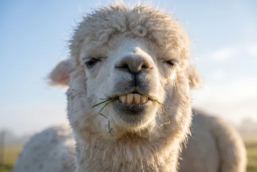Close-Up of Fluffy White Alpaca Smiling