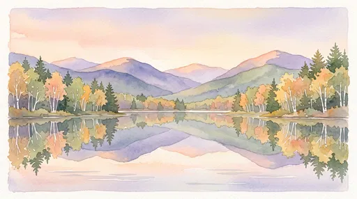 Watercolor Autumn Mountain Lake Reflection