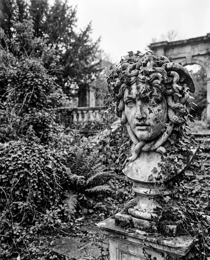 Overgrown Medusa Bust in Garden