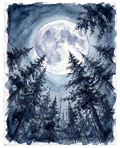Indigo Watercolor Full Moon Through Pine Trees